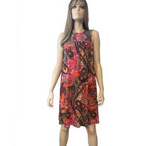 Chetta B Paisley Shift Dress Flowy Colorful Sleeveless Keyhole Shirred Smocked
